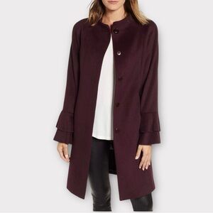 Trina Turk burgundy wool ruffle sleeve pea coat